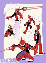  1boy arm_blade armor assault_visor bodysuit character_name helmet highres long_hair mega_man_(series) mega_man_battle_network_(series) multiple_views netnavi noro_zt protoman.exe red_armor red_helmet sitting standing sword weapon white_hair 