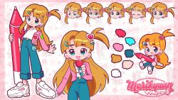  1girl :3 :d ^_^ annoyed arched_bangs artist_logo artist_name artist_self-insert badge blue_eyes blue_pants blush blush_stickers border button_badge buttons character_background chibi chibi_inset closed_eyes closed_mouth color_guide commentary crying crying_with_eyes_open denim doyagao earclip earrings english_commentary facing_viewer fingernails flower_earrings frown full_body furrowed_brow hair_ornament hairclip hairpin hand_up happy heart heart_hair_ornament heart_print holding holding_microphone holding_stylus indie_virtual_youtuber jacket jeans jewelry jitome lapels logo long_hair long_sleeves looking_at_viewer marikyuunn marikyuunn_(classic)_(vtuber) marikyuunn_(vtuber) microphone multiple_expressions multiple_hairpins multiple_views one_side_up open_clothes open_jacket open_mouth orange_hair outline outside_border pants pants_rolled_up pink_border pink_jacket print_jacket prototype_design sad shaded_face shirt shirt_tucked_in shoe_soles shoes single_blush_sticker single_sidelock smile smiley_face smug sneakers standing stylus tareme tears thick_eyebrows very_long_hair virtual_pet_(toy) virtual_youtuber white_background white_outline white_shirt white_shoes 