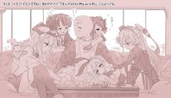  admiral_(kancolle) amatsukaze_(kancolle) commentary_request couch dress highres hug intrepid_(kancolle) japanese_clothes jinbei_(clothes) kantai_collection kugimiya_atsuki military_uniform nelson_(kancolle) rensouhou-chan sailor_dress sepia shimakaze_(kancolle) smokestack_hair_ornament t-head_admiral table tokitsukaze_(kancolle) translation_request window 