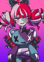  1girl absurdres ahoge bandaged_arm bandages bare_shoulders bear_claws black_bow black_dress blunt_bangs blush bow claws colored_skin commentary double_bun dress drooling earrings fangs gradient_background green_eyes grey_hair hair_bow hair_bun half-closed_eyes heterochromia highres hololive hololive_indonesia impaled jewelry kureiji_ollie long_hair looking_at_viewer mismatched_pupils mouth_drool multicolored_eyes multicolored_hair multicolored_skin object_through_head open_mouth patchwork_skin pink_background pink_hair puffy_short_sleeves puffy_sleeves purple_background red_eyes red_hair short_sleeves single_earring standing stitched_arm stitched_face stitches stuffed_animal stuffed_toy sword sword_in_head teddy_bear two-tone_eyes two-tone_skin udin_(kureiji_ollie) upper_body virtual_youtuber weapon x_x yellow_eyes zenox5300 zombie 