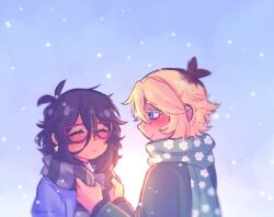  1boy 1girl adjusting_another's_clothes alternate_costume antenna_hair basil_(faraway)_(omori) basil_(omori) black_hair black_scarf blonde_hair blue_coat blue_eyes blush closed_eyes closed_mouth coat commentary dark-skinned_female dark_skin donuqx double-parted_bangs earrings english_commentary freckles glasses green_coat green_scarf grey_scarf hair_between_eyes jewelry long_sleeves looking_at_another medium_hair mincy_(omori) multicolored_hair multicolored_scarf omori red-framed_eyewear roots_(hair) scarf short_hair smile snowing star_(symbol) star_earrings striped_clothes striped_scarf tumblr_username vertical-striped_clothes vertical-striped_scarf 