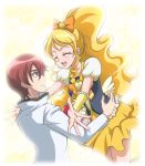  1boy 1girl blonde_hair blue_eyes bow bowtie brooch closed_eyes coat couple cure_honey frills hair_bow hanzou happinesscharge_precure! hetero incipient_hug jewelry long_hair magical_girl oomori_yuuko phantom_(happinesscharge_precure!) precure redhead skirt smile wrist_cuffs yellow_skirt 