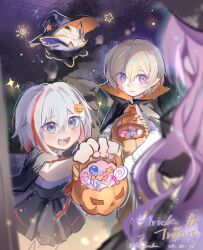  1boy 2girls animal aventurine_(honkai:_star_rail) blonde_hair closed_mouth english_commentary english_text hair_ornament halloween halloween_bucket halloween_costume hands_up highres honkai:_star_rail honkai_(series) jade_(honkai:_star_rail) long_hair looking_at_another looking_down looking_up multicolored_eyes multicolored_hair multiple_girls numby_(honkai:_star_rail) open_mouth purple_hair ranersha1 short_hair topaz_(honkai:_star_rail) trick_or_treat trotter_(honkai:_star_rail) violet_eyes 