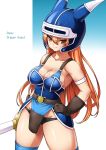  armor breasts cleavage cowboy_shot daisy_(dq) dragon_quest dragon_quest_yuusha_abel_densetsu gloves hand_on_hip helmet horned_helmet long_hair no_pants onomeshin orange_eyes orange_hair panties smile sword underwear warrior weapon 