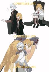  1boy 1girl acell1224 black_coat black_shoes black_skirt blonde_hair blue_eyes brown_socks brown_sweater coat faust_(project_moon) genderswap genderswap_(ftm) genderswap_(mtf) highres knees_up lapels limbus_company long_hair monsterification n_corp._fanatic_(identity)_(project_moon) necktie notched_lapels pleated_skirt project_moon purity_seal recursive_genderswap red_necktie ribbed_sweater shoes short_hair simple_background sinclair_(project_moon) sitting skirt socks sweater talisman wax_seal white_background white_hair yellow_eyes 