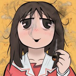  1girl azumanga_daioh azumanga_daioh's_school_uniform bags_under_eyes bloodshot_eyes blowing_smoke blush brown_eyes brown_hair collarbone commentary doragon_central drugs english_commentary halftone halftone_background holding_joint joint_(drug) kasuga_ayumu long_hair long_sleeves looking_at_viewer marijuana messy_hair mihama_chiyo's_father open_mouth pink_shirt portrait sailor_collar school_uniform serafuku shirt smile smoking solo stoned white_background white_sailor_collar winter_uniform yellow_background 