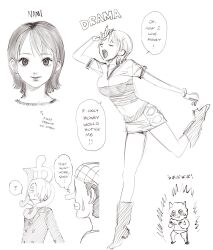  1girl ? aura bandana boots bracelet character_name cigarette closed_eyes commentary conto curly_eyebrows english_commentary english_text full_body greyscale hair_over_one_eye hand_on_own_head head_only highres jewelry long_nose monochrome nami_(one_piece) one_piece open_mouth pencil_skirt sanji_(one_piece) short_sleeves skirt smile smoking solo_focus speech_bubble spoken_question_mark standing standing_on_one_leg suit thick_lips thought_bubble u_u usopp 