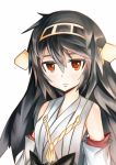  1girl :/ black_hair brown_eyes close-up detached_sleeves hairband haruna_(kantai_collection) kantai_collection long_hair looking_at_viewer mobiusu nontraditional_miko simple_background solo white_background 