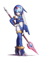  1girl android armor blue_armor blue_eyes blue_helmet blue_thighhighs crop_top fairy_leviathan_(mega_man) fins forehead_jewel gem hand_on_own_hip head_fins helmet high_heels highres holding holding_polearm holding_weapon humanoid_robot mega_man_(series) mega_man_zero_(series) nakayama_tooru_(style) noro_zt official_style polearm robot robot_girl simple_background solo standing thigh-highs weapon white_background 