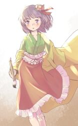  1girl blush calligraphy_brush coat collarbone commentary_request feet_out_of_frame flower frilled_sash frilled_skirt frills green_kimono hair_flower hair_ornament hair_ribbon hieda_no_akyuu holding holding_brush japanese_clothes kimono looking_at_viewer medium_hair one-hour_drawing_challenge orange_background paintbrush parted_lips purple_hair rangycrow red_skirt ribbon sash skirt socks solo touhou violet_eyes white_sash white_socks yellow_coat 