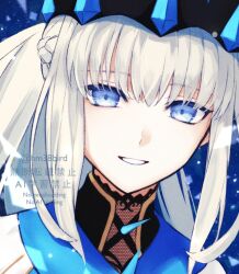  1girl blue_eyes commentary_request crown fate/grand_order fate_(series) grey_hair long_hair morgan_le_fay_(fate) morgan_le_fay_(queen_of_winter)_(fate) nakanohiro ponytail portrait smile spikes twitter_username 