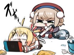  2girls ahoge bag_of_chips beret blonde_hair bucket chibi green_eyes hair_ornament hat highres hololive hololive_dev_is indie_virtual_youtuber kakue_gaku multiple_girls musical_note musical_note_hair_ornament nintendo_switch on_floor otonose_kanade otonose_kanade_(1st_costume) shigure_ui_(1st_costume)_(vtuber) shigure_ui_(vtuber) vacuum_cleaner virtual_youtuber 