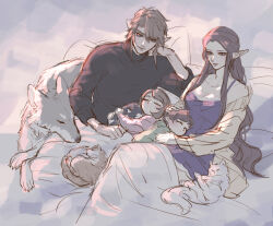  2boys 2girls animal black_sweater blonde_hair breasts brother_and_sister cardigan cat child dress family grey_sweater hair_between_eyes hand_in_own_hair highres holding holding_animal holding_cat if_they_mated kurokawa_karasu light_smile link long_hair medium_breasts multiple_boys multiple_girls parent_and_child parted_bangs pink_sweater pointy_ears princess_zelda purple_dress short_hair siblings sidelocks sleeping sweater the_legend_of_zelda the_legend_of_zelda:_twilight_princess under_covers white_cardigan wolf_link 