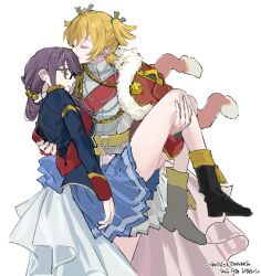  2girls 9urodine aiguillette ankle_boots arm_at_side back_bow bell belt belt_buckle black-framed_eyewear black_boots blonde_hair blue_bow blue_jacket blue_skirt boots bow buckle carrying closed_eyes closed_mouth cowboy_shot daiba_nana epaulettes facing_another flipped_bangs fur-trimmed_jacket fur_trim glass green_ribbon grey_skirt hair_bell hair_between_eyes hair_ornament hair_ribbon hand_on_another's_back hand_on_another's_leg heads_together highres hoshimi_junna jacket jacket_on_shoulders korean_text long_hair long_sleeves miniskirt multiple_girls open_mouth parted_lips pleated_skirt ponytail princess_carry purple_hair red_jacket red_sash ribbon sash short_hair shoujo_kageki_revue_starlight shoulder_sash sidelocks signature simple_background single_horizontal_stripe skirt smile star_(symbol) tassel translation_request two_side_up waist_cape white_background white_jacket yellow_belt yuri 