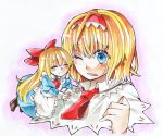  1girl alice_margatroid blonde_hair blue_eyes bow capelet closed_eyes doll dress hair_bow hairband long_hair marker_(medium) one_eye_closed ponpoko ribbon shanghai_doll short_hair smile touhou traditional_media 