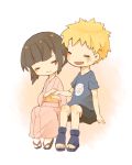  1boy 1girl black_hair blonde_hair blush child closed_eyes facial_mark holding_hands hyuuga_hinata japanese_clothes kimono naruto short_hair shunrai smile uzumaki_naruto younger 