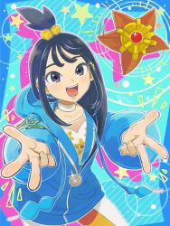  1girl black_hair blue_hoodie blush breasts choker collarbone cube_hair_ornament earclip grey_eyes hair_ornament highres hood hood_down hoodie jacket leggings lida_(pokemon) long_hair long_sleeves looking_at_viewer open_mouth orange_leggings pokemon pokemon_(creature) pokemon_legends:_z-a runachikku shirt smile star_(symbol) staryu teeth topknot two-tone_legwear white_choker white_leggings white_shirt wispy_bangs 