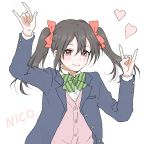  1girl \m/ black_hair blush bow character_name double_\m/ hair_bow hishi_(k-xaby) long_hair looking_at_viewer love_live!_school_idol_project nico_nico_nii red_eyes school_uniform smile solo sweater_vest twintails yazawa_nico 