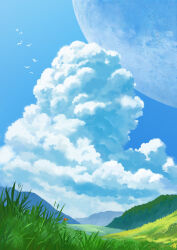  blue_sky bug clouds cloudy_sky commentary_request day grass ladybug landscape libero_(libero2590) meadow moon nature no_humans original outdoors scenery simple_bird sky sky_focus summer 