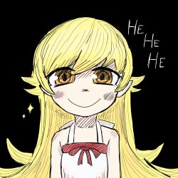  1girl apron arms_at_sides back_bow black_background blonde_hair bow bow_apron breasts commentary english_commentary english_text flipped_hair hair_between_eyes hair_flaps halterneck highres laughing light_blush long_hair monogatari_(series) oshino_shinobu pointy_ears red_bow ringed_eyes sidelocks simple_background small_breasts smile solo sparkle straight-on thesealmaker upper_body very_long_hair white_apron yellow_eyes 