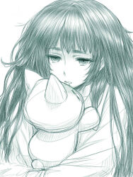  1girl blunt_bangs drooling highres hiyajou_maho holding holding_stuffed_toy long_hair long_sleeves menomorute messy_hair monochrome narrowed_eyes saliva science_adventure shirt solo steins;gate steins;gate_0 stuffed_toy very_long_hair waking_up 