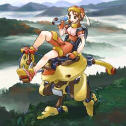  1girl above_clouds archived_source bad_link binoculars brown_eyes brown_hair buckle chair clouds colored_shoe_soles day engineering_nonsense fingernails foliage food fruit full_body gears gloves helmet hirai_yukio holding holding_binoculars long_sidelocks mountain mountainous_horizon narrow_waist nature on_chair open_mouth orange_(fruit) orange_gloves orange_helmet orange_romper orange_shoes orange_slice original outdoors pedal puffy_short_sleeves puffy_sleeves riding romper shoes short_hair_with_long_locks short_sleeves sidelocks sitting skinny solo transparent_wings triangle_mouth underbust walking winged_helmet 