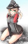  1girl :o blonde_hair blush gloves green_eyes hat hypertan kantai_collection looking_at_viewer prinz_eugen_(kantai_collection) short_hair sitting skirt solo twintails wariza white_gloves 
