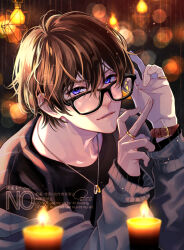  1boy artist_name black-framed_eyewear black_hair black_shirt blurry blurry_background brown_hair candle cardigan english_text fingernails fire glasses grey_cardigan hair_between_eyes highres jewelry light_bulb long_sleeves looking_at_viewer looking_over_eyewear looking_to_the_side male_focus original parted_lips rectangular_eyewear revision ring shiosawaori shirt solo upper_body watermark 