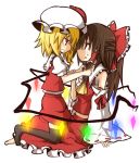 2girls ascot bare_shoulders barefoot black_legwear blonde_hair blouse blush bow brown_eyes brown_hair detached_sleeves eye_contact flandre_scarlet frilled_skirt frills hair_tubes hakurei_reimu japanese_clothes kumo_(atm) long_sleeves looking_at_another midriff miko mob_cap multicolored_wings multiple_girls payot puffy_short_sleeves puffy_sleeves red_bow red_eyes red_ribbon red_skirt ribbon ribbon-trimmed_sleeves ribbon_trim sarashi short_hair short_sleeves simple_background sitting sitting_on_lap sitting_on_person skirt skirt_set thigh-highs touhou vest white_background wide_sleeves wings yuri zettai_ryouiki 