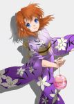  1girl bangs blue_eyes brown_hair floral_print graphite_(medium) highres higurashi_no_naku_koro_ni japanese_clothes kimono obi parted_bangs ryuuguu_rena sash shadow short_hair simple_background smile solo string traditional_media water_balloon wide_sleeves wyvern09 yukata 