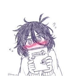  1girl @_@ antenna_hair blush captain_spaceboy commentary_request donuqx double-parted_bangs english_commentary flying_sweatdrops glasses greyscale holding holding_sketchbook hood hood_down hoodie long_sleeves looking_at_viewer medium_hair mincy_(omori) monochrome omori simple_background sketch sketchbook solo spot_color tumblr_username upper_body 