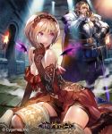  1boy 1girl armor bare_shoulders blonde_hair copyright_name elbow_gloves flame gloves hairband hand_on_own_chin map matsuda_(matsukichi) open_mouth shingeki_no_bahamut short_hair shorts smile sword torch violet_eyes weapon wings 