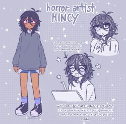  1girl alt_text alternate_universe antenna_hair arrow_(symbol) black_hair black_shoes blue_shorts blue_socks blush character_name closed_mouth collared_shirt commentary dark-skinned_female dark_skin donuqx double-parted_bangs drawing_(action) earrings english_commentary english_text glasses grey_sweater hair_between_eyes jewelry long_sleeves looking_at_viewer medium_hair mincy_(omori) omori open_mouth red_eyes reference_sheet shirt shirt_under_sweater shoes shorts sidelocks smile sneakers socks solo star_(symbol) star_earrings sweater tumblr_username white_shirt 