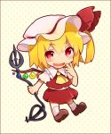  1girl ascot blonde_hair chibi fang flandre_scarlet hat laevatein open_mouth ponpoko red_eyes ribbon short_hair side_ponytail smile solo touhou wings 