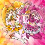  2girls :d ;d arm_up blonde_hair blue_eyes boots bow braid brooch cure_melody cure_sunshine eunos flower frilled_skirt frills gradient gradient_background hair_flower hair_ornament hair_ribbon heart heart_background heartcatch_precure! houjou_hibiki jewelry jumping knee_boots long_hair magical_girl midriff multiple_girls myoudouin_itsuki navel one_eye_closed open_mouth pink_background pink_hair pink_legwear precure ribbon shoes skirt smile suite_precure thigh-highs twintails wrist_cuffs yellow_background yellow_eyes 
