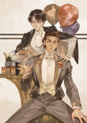  2boys ascot balloon black_hair black_jacket bottle bow bowtie brown_hair cake collared_shirt commentary english_commentary eren_yeager food green_eyes grey_eyes grey_jacket grey_pants grey_suit hair_bun hand_on_another's_shoulder highres holding holding_cake holding_food j._c._leyendecker_(style) jacket jacket_on_shoulders levi_(shingeki_no_kyojin) lilypsiren male_focus medium_hair multiple_boys pants parted_bangs parted_lips shingeki_no_kyojin shirt short_hair sitting suit updo white_ascot white_bow white_bowtie white_shirt 