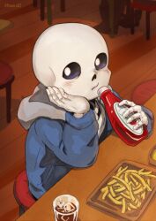  1boy 2016 2d artist_name blue_jacket bottle chair counter cup cute digital_media drink drinking_glass elbow_rest floor food french_fries grey_hood hand_on_own_cheek holding holding_bottle hollow_eyes hood hood_down hooded_jacket humanoid ice_cube indoors jacket ketchup_bottle male male_focus male_only monster monster_boy open_clothes open_jacket powaro02 sans_(undertale) shirt skeleton solo tray twitter_username undead undertale utdr_(toby_fox) white_shirt wooden_floor 