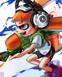  1girl bike_shorts black_shorts fang from_side full_body gun headphones highres holding holding_gun holding_weapon ink ink_tank_(splatoon) inkling inkling_girl inkling_player_character long_hair open_mouth orange_eyes orange_hair overlord_jc paint paint_gun profile shirt short_sleeves shorts smile solo splatoon_(series) splatoon_1 splattershot_(splatoon) tentacle_hair v-shaped_eyebrows weapon white_shirt 