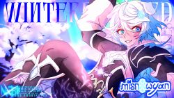  alternate_costume animal_ears armor asymmetrical_clothes aurora blurry blurry_background blush boots detached_sleeves dog_ears dog_tail ear_piercing english_text fang fantasy hair_between_eyes hair_ornament hairclip happy highres indie_virtual_youtuber looking_at_viewer medium_hair midair misoyan multicolored_hair noob_noobington piercing pixel_art shorts shoulder_armor skin_fang smile snow snowflake_hair_ornament sparkling_eyes tail tomboy tree twitter_username two-tone_hair virtual_youtuber watermark winter wolf_cut 