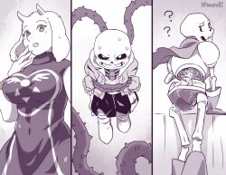  1girl 2016 2boys 2d ? animal_ears anthro arm_support armor artist_name back blue_jacket boots breasts brothers cape delta_rune_(symbol) delta_rune_print digital_media droopy_ears fangs female floppy_ears furry furry_female gloves goat goat_ears goat_girl goat_horns height_difference hollow_eyes hood hood_down hooded_jacket horns humanoid jacket long_sleeves looking_at_viewer looking_back male mammal monochrome monster monster_boy monster_girl multiple_boys open_clothes open_jacket papyrus_(undertale) powaro02 restrained robe sans_(undertale) sepia shirt shorts siblings single_vertical_stripe skeleton slippers socks standing striped_shorts teeth textless_version toriel twitter_username undead undertale utdr_(toby_fox) vertical-striped_clothes vertical-striped_shorts vines white_fur white_horns white_shirt white_socks white_stripes 