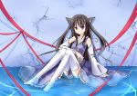  1girl animal_ears black_hair blue_eyes cat_ears detached_sleeves hair_ornament highres in_water long_hair looking_at_viewer no_shoes original parafox parted_lips sitting solo thigh-highs white_legwear 