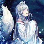  1girl :d animal_ears detached_sleeves fox_ears fox_tail grey_eyes highres japanese_clothes long_hair looking_up marumoru open_mouth original silver_hair sky smile solo star_(sky) starry_sky tail wide_sleeves 