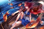  &gt;:) 1girl boat breasts cape cleavage fish hair_bobbles hair_ornament highres holding looking_at_viewer onozuka_komachi red_eyes redhead scythe sitting smoking_pipe solo touhou two_side_up uu_uu_zan wind 