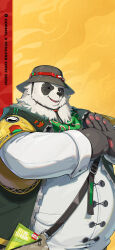  1boy absurdres bear_boy black_fur casual fat fat_man furry furry_male hat highres male_focus multicolored_fur multicolored_hair official_alternate_costume official_art pan_yinhu panda panda_boy watermark weibo_watermark white_fur zenless_zone_zero 