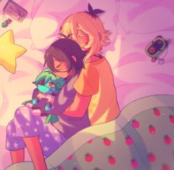  1boy 1girl alternate_costume alternate_skin_color basil_(faraway)_(omori) basil_(omori) black_hair blonde_hair blue_pants captain_spaceboy character_doll commentary dark-skinned_female dark-skinned_male dark_skin doll donuqx english_commentary hetero holding holding_stuffed_toy hug long_sleeves lying medium_hair mincy_(omori) multicolored_hair omori on_side pajamas pants roots_(hair) short_hair short_sleeves sidelocks sleeping star_(symbol) star_print stuffed_toy tumblr_username 