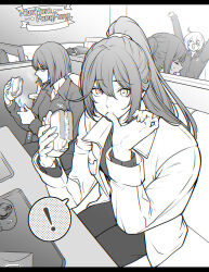  ! >_< 2boys 3girls :3 arms_up blush bob_cut coat commentary_request don_quixote_(project_moon) greyscale hamhampangpang high_ponytail highres holding holding_lighter hong_lu_(project_moon) licking licking_finger lighter limbus_company long_hair long_sleeves looking_at_viewer maki_maki_(makimakipoipoi) monochrome multiple_boys multiple_girls open_mouth outis_(project_moon) pants ponytail project_moon ryoshu_(project_moon) short_hair sidelocks sleeping smile speech_bubble very_long_hair w_corp._(identity)_(project_moon) yi_sang_(project_moon) 