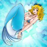  1girl bikini_top blonde_hair blue_background bow breasts brown_eyes eunos hair_bow heart heart_background higashiyama_seika large_breasts mermaid monster_girl precure short_hair smile solo suite_precure 