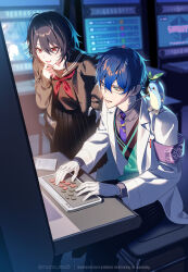  1boy 1girl arcade black_cardigan black_pants black_sailor_collar black_skirt blue_hair cardigan clenched_teeth coat collared_shirt commentary gloves green_eyes green_sweater_vest grey_shirt hand_on_own_chin highres iris_black_games kisaragi_ren_(vspo!) lab_coat leaning_forward leos_vincent mameneko_(leos_vincent) manomenou mascot neckerchief nijisanji notepad official_alternate_costume official_alternate_hairstyle open_mouth pants parted_lips pike_(weapon) pinstripe_pants pinstripe_pattern pleated_skirt pointing polearm red_eyes red_neckerchief sailor_collar shirt short_hair skirt smile standing sweatdrop sweater_vest teeth tie_clip virtual_youtuber vspo! weapon white_coat white_gloves 