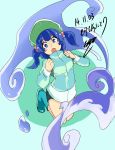  1girl alternate_costume artist_name backpack bag blue_eyes blue_hair blush blush_stickers boots dated hair_bobbles hair_ornament hat jacket kawashiro_nitori legs_up long_sleeves looking_at_viewer open_mouth rubber_boots short_hair shorts signature solo touhou twintails water_drop 