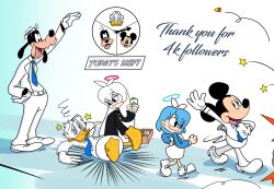  2girls 3boys @_@ aqua_eyes arona_(blue_archive) belt black_coat black_eyes black_serafuku black_skirt blazer blue_archive blue_halo blue_necktie blue_serafuku bruise bruise_on_face coat collared_shirt commentary_request creammilk_tea crossover disney donald_duck english_commentary english_text eyes_visible_through_hair full_body furry furry_male furry_with_non-furry gloves goofy hair_over_one_eye halo hand_on_own_hip hat height_difference highres injury interspecies jacket korean_commentary long_hair long_sleeves looking_at_another lying mickey_mouse mixed-language_commentary multiple_boys multiple_girls neckerchief necktie on_back open_clothes open_coat open_jacket pants plana_(blue_archive) red_halo school_uniform serafuku shirt shoes short_hair sidelocks simple_background skirt standing toon_(style) torn_clothes torn_shirt walking waving white_background white_belt white_gloves white_hair white_jacket white_neckerchief white_pants white_shirt white_shoes white_skirt 